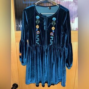 Futurino/sucrefas Velvet Dress -turquoise Embroidered Flowers- Boho-western Med